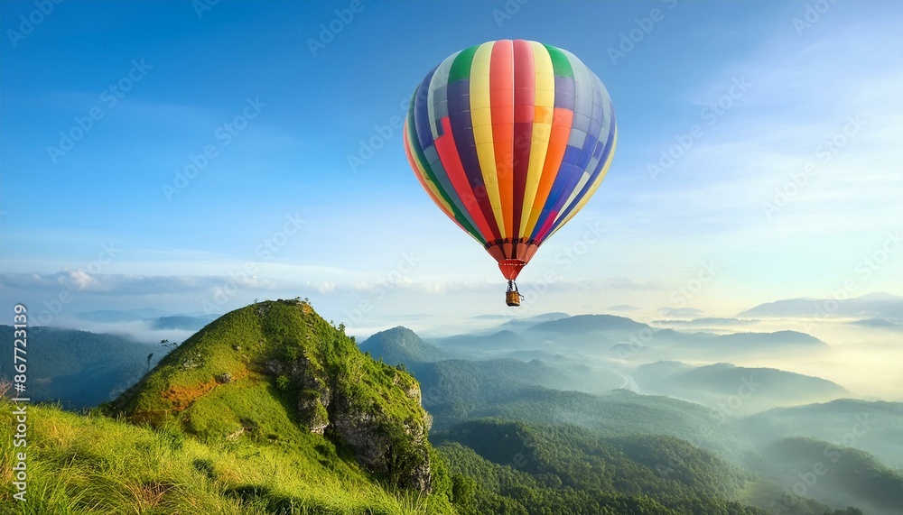 Fototapeta premium A lone hot air balloon floating high above the mountains during sunset