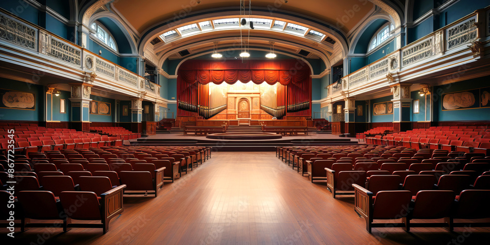 Obraz premium Empty, grand auditorium with red seats and a large stage featuring ornate architectural details and a curtain backdrop.
