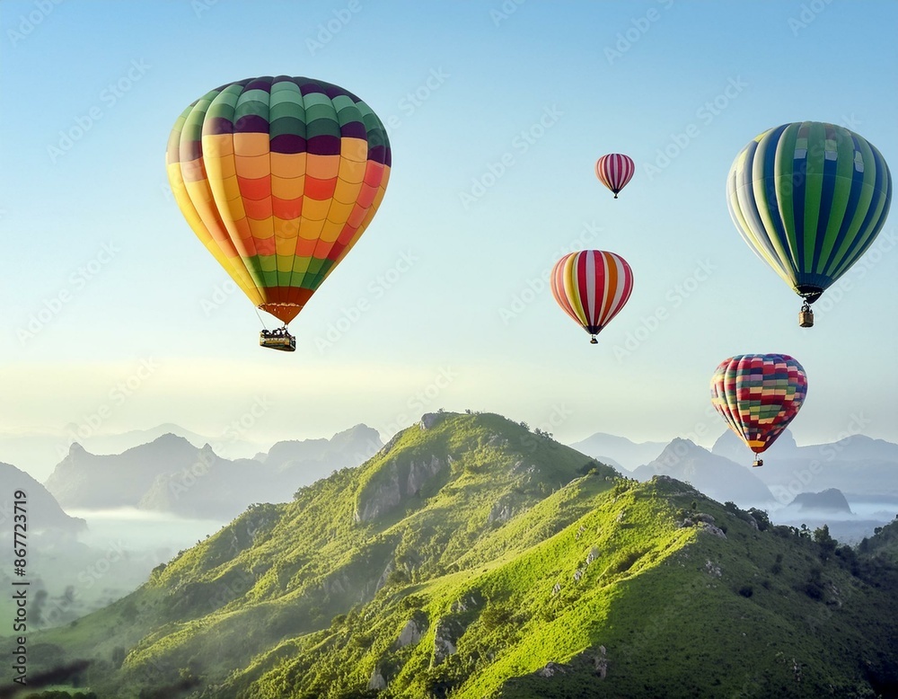 Naklejka premium A colorful array of hot air balloons floating above the clouds