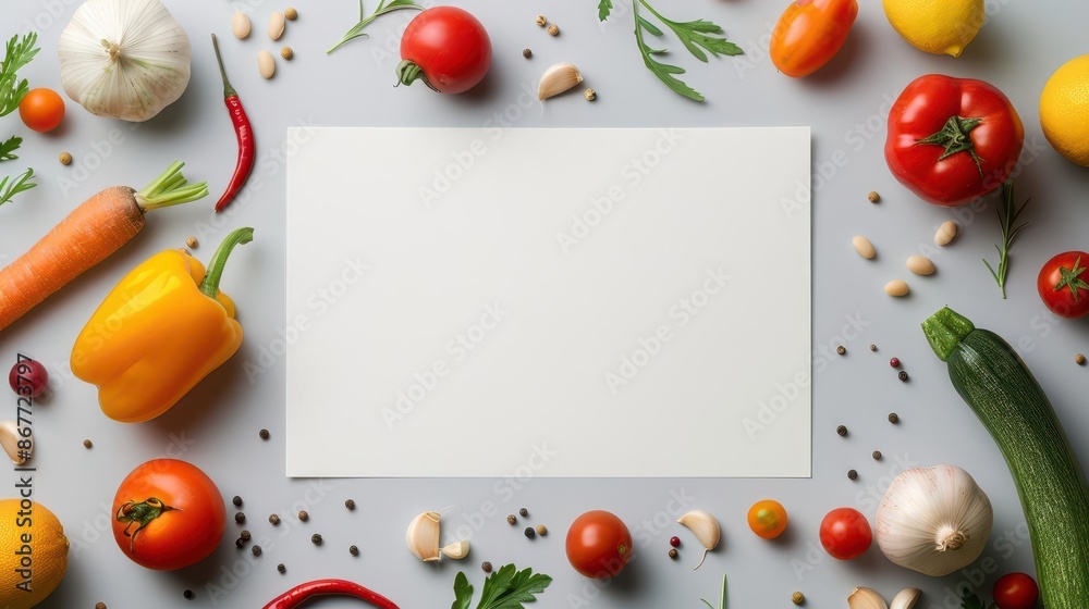 Blank paper surrounded by fresh vegetables on a gray background. Perfect for recipe, menu, or food blog. Blank paper surrounded by fresh vegetables on a gray background. Perfect for recipe, menu, or food blog.