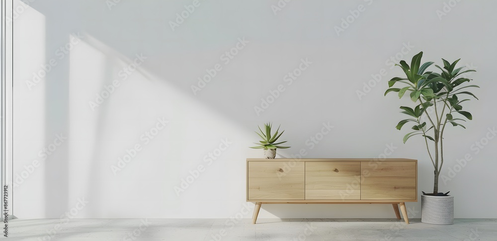 Minimalist mockup of a wooden sideboard with plants and vases on a white wall background Minimalist mockup of a wooden sideboard with plants and vases on a white wall background