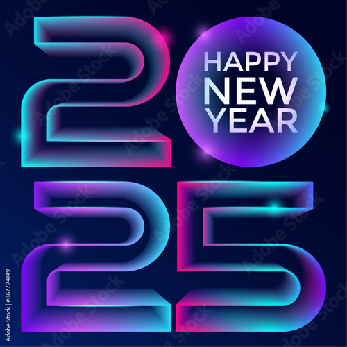 Futuristic neon 2025 year square banner. Happy New Year.Vector stock illustration.