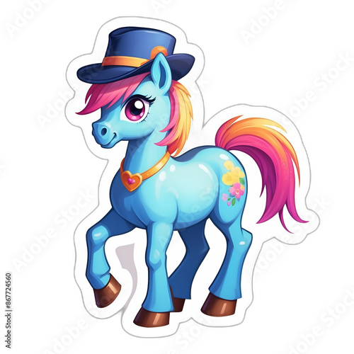 A sweet baby pony horse wearing colorful hat. Cute sticker with transparent background. 3D cartoon style.