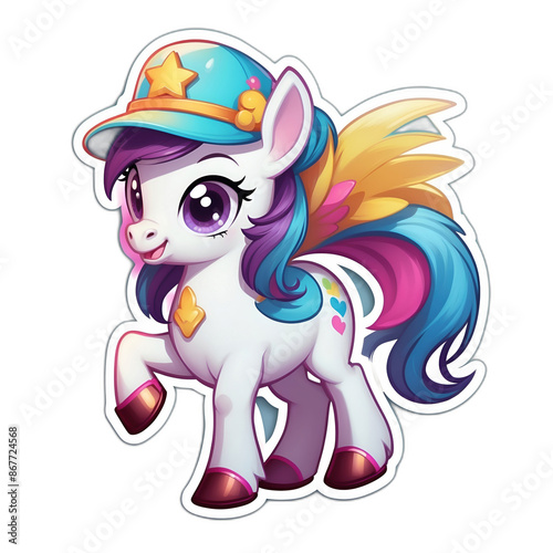 A lovely baby pony horse wearing colorful hat. Cute sticker with transparent background. 3D cartoon style.