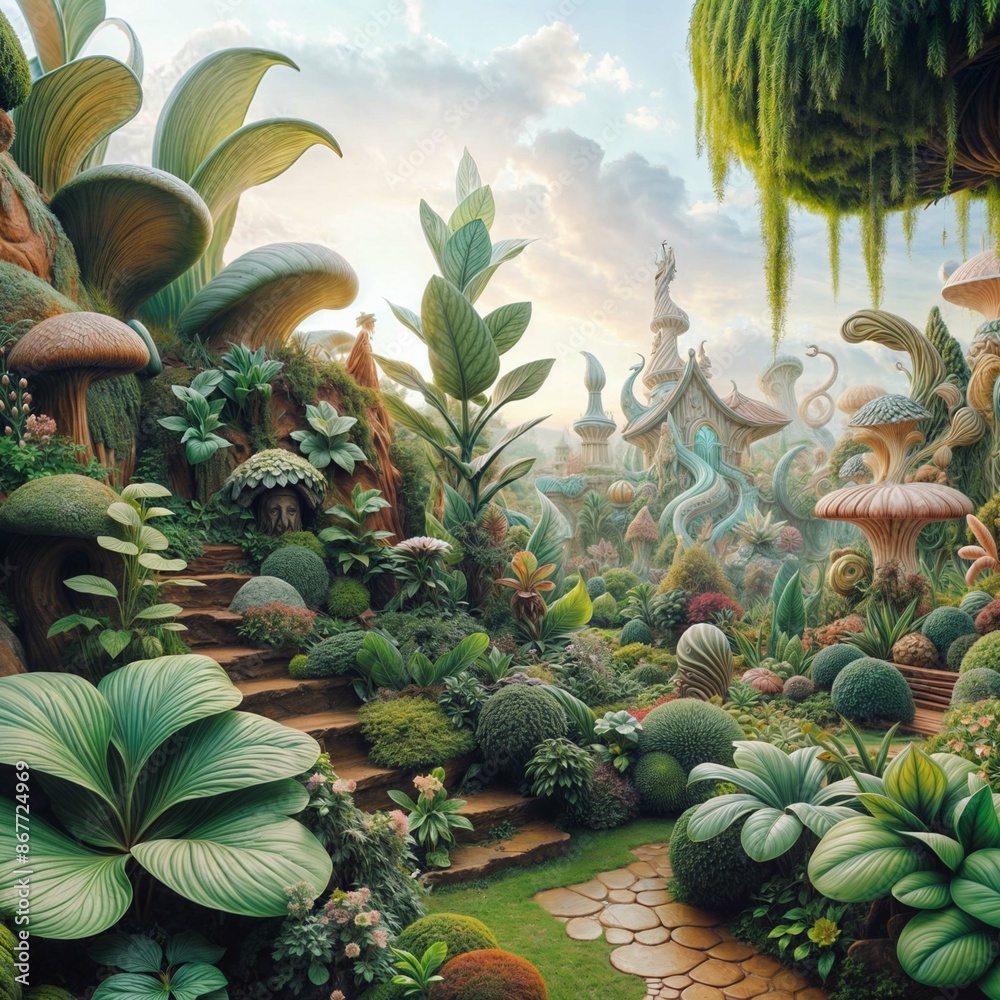 Fototapeta premium a painting of a garden with plants and animals.