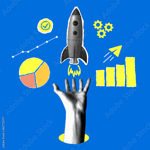 Business and financial success concept. Modern collage with halftone hand holding a launching rocket, sales chart icons. Income growth. Successful startup. Increasing profits illustration
