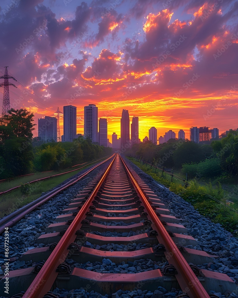 Fototapeta premium Beautiful sky and sunrise on the beautiful train tracks passing through the middle of the capital. On both sides there are parks and full of tall buildings. Gives a feeling of stability and freshness.
