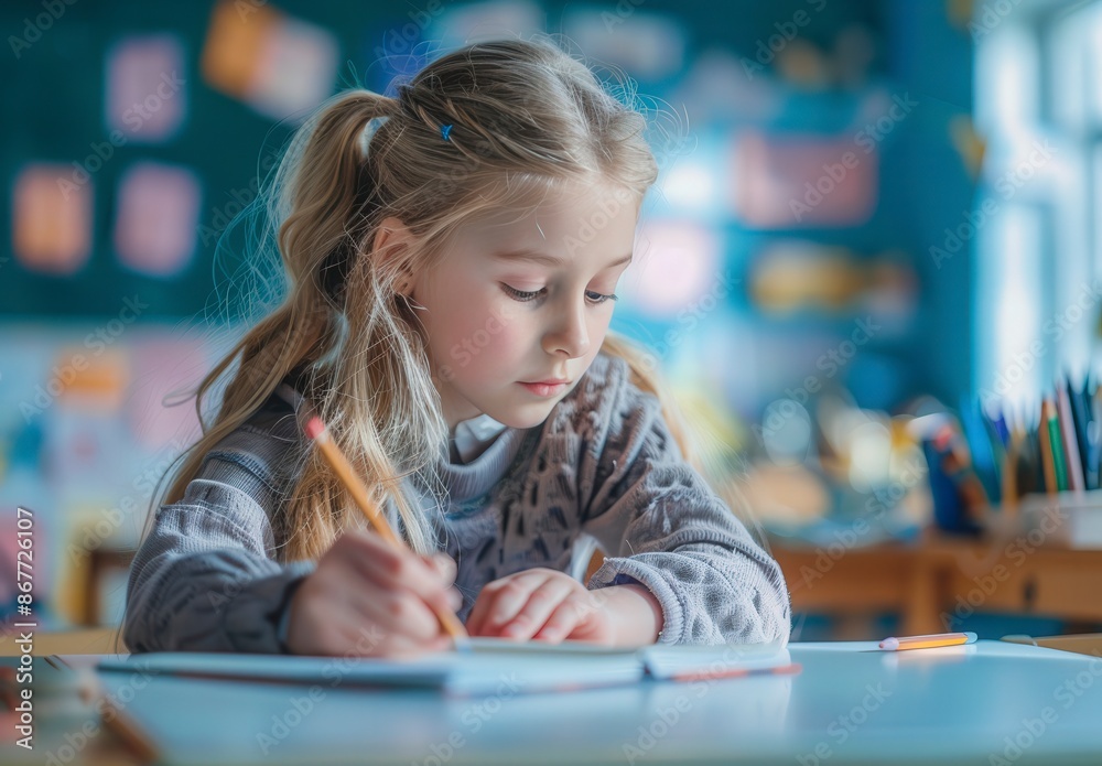 A young girl is writing in a notebook A young girl is writing in a notebook
