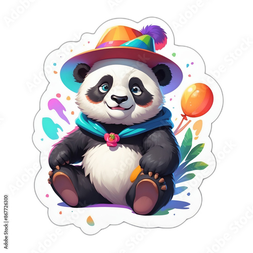 An adorable baby panda wearing colorful hat. Cute sticker with transparent background. 3D cartoon style.