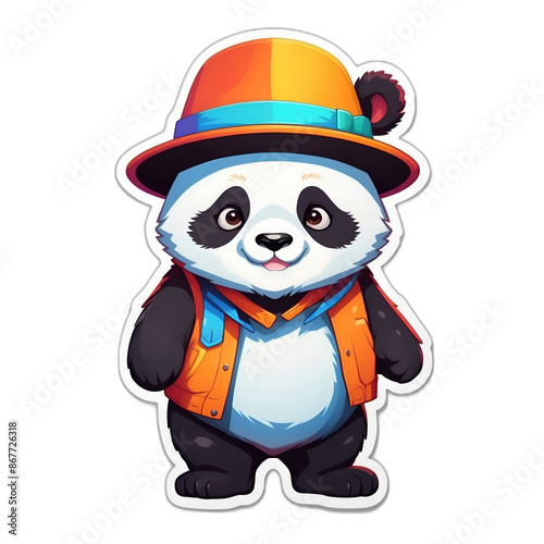 A cute baby panda wearing colorful hat. Cute sticker with transparent background. 3D cartoon style.