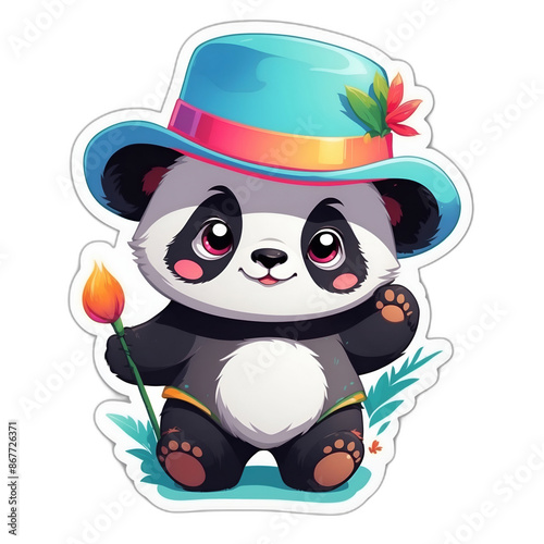 A sweet baby panda wearing colorful hat. Cute sticker with transparent background. 3D cartoon style. photo