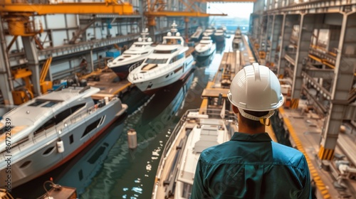 Large yachts under construction in a shipyard photo