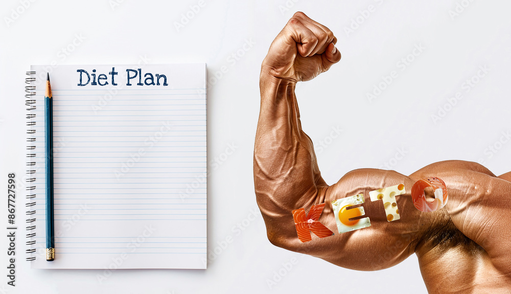 Naklejka premium keto diet plan concept muscular well-trained arm large bicep isolated empty white paper background 