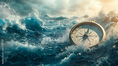 Antique compass floating amidst turbulent ocean waves with dramatic skies, symbolizing direction and exploration at sea.