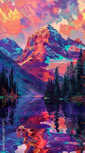 Vibrant surreal mountain landscape with colorful sky and reflective water
