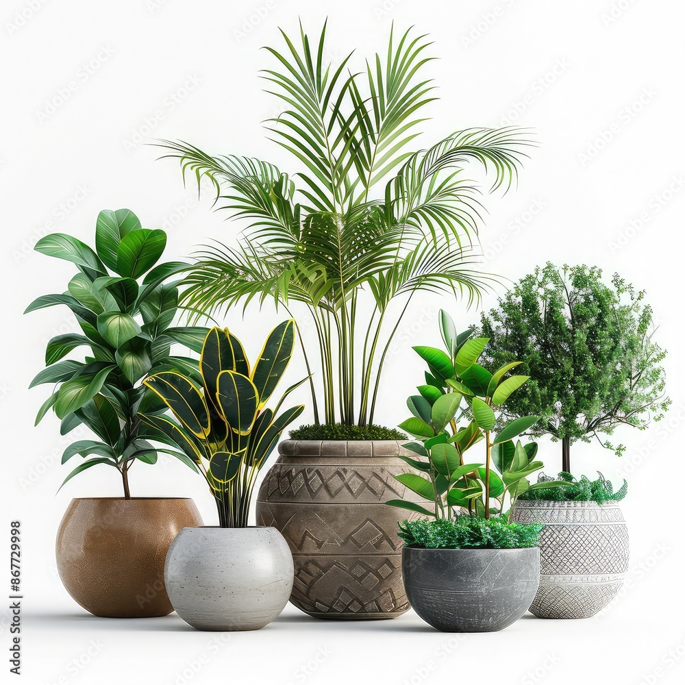 Set of indoor plants in trendy planters, suitable for bedroom or living room, emphasizing natural health, transparent PNG background Set of indoor plants in trendy planters, suitable for bedroom or living room, emphasizing natural health, transparent PNG background