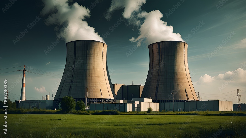 nuclear power plant with green grass meadows, clean energy concept. nuclear power plant with green grass meadows, clean energy concept.