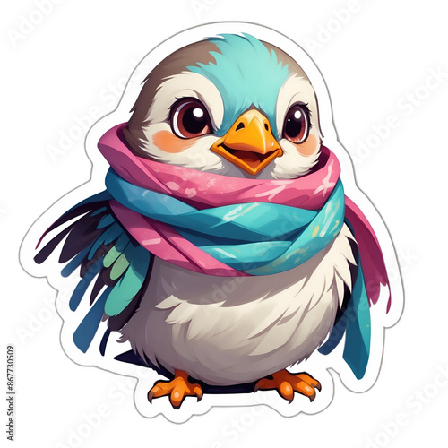 A cute baby sparrow bird wearing colorful scarf. Cute sticker with transparent background. 3D cartoon style.