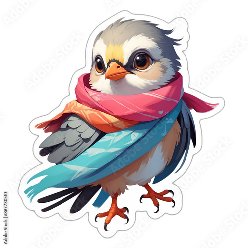 A lovely baby sparrow bird wearing colorful scarf. Cute sticker with transparent background. 3D cartoon style.