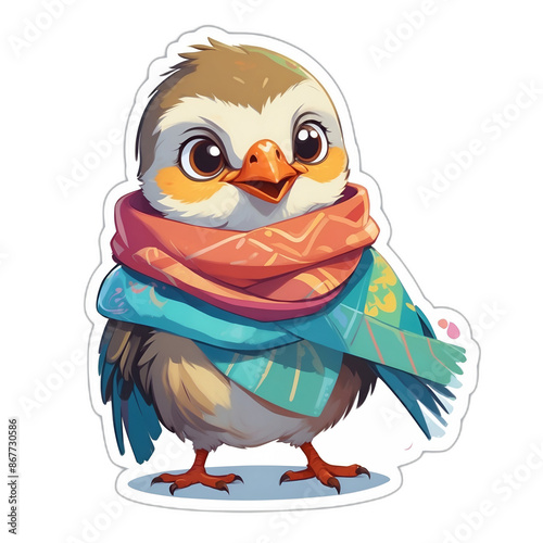 An adorable baby sparrow bird wearing colorful scarf. Cute sticker with transparent background. 3D cartoon style.
