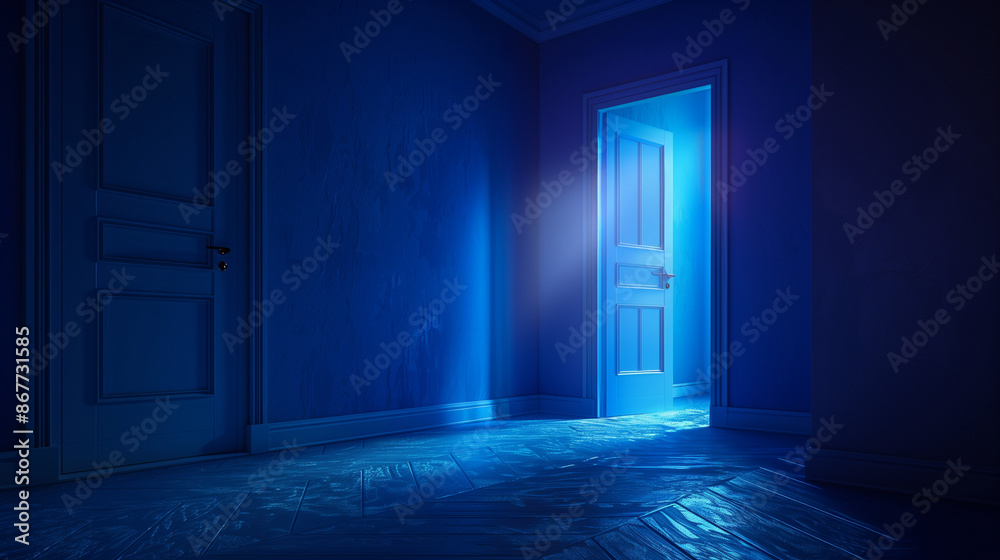 Obraz premium Interior of blue room with a door with light
