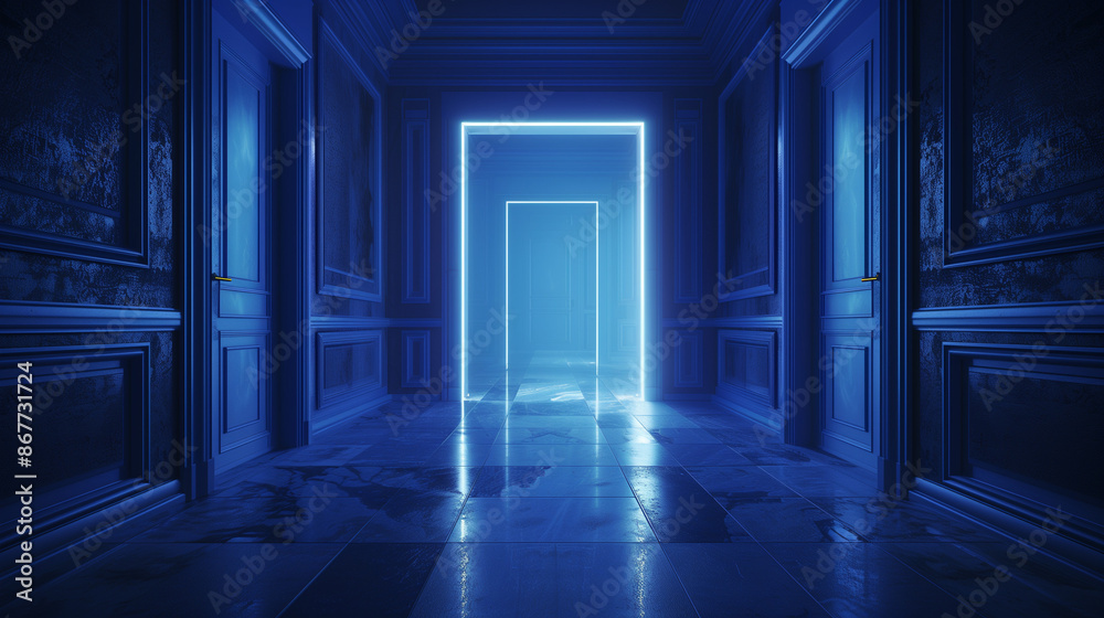 Interior of blue room with lighted corridor Interior of blue room with lighted corridor