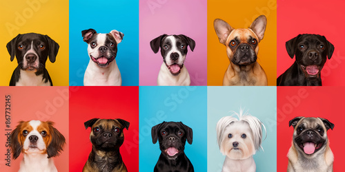 Collage of dog portraits in bright multi-colored frames. © OleksandrZastrozhnov