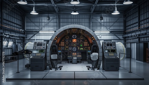 A highly detailed cockpit simulator designed for professional pilot training in a hangar