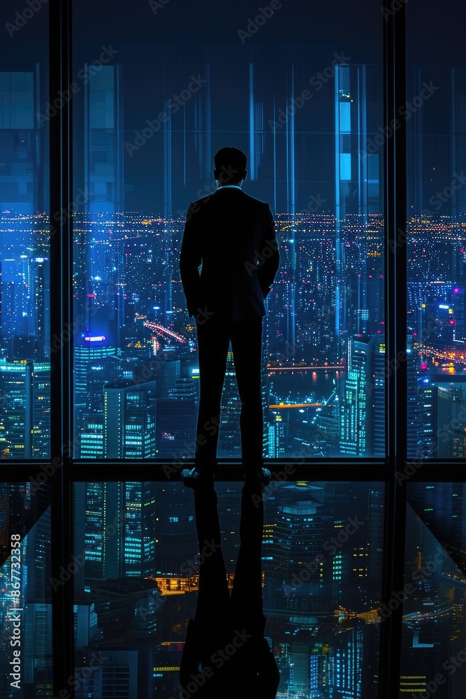 City Dreams: Silhouette of a Businessman Gazing at Nighttime Metropolis