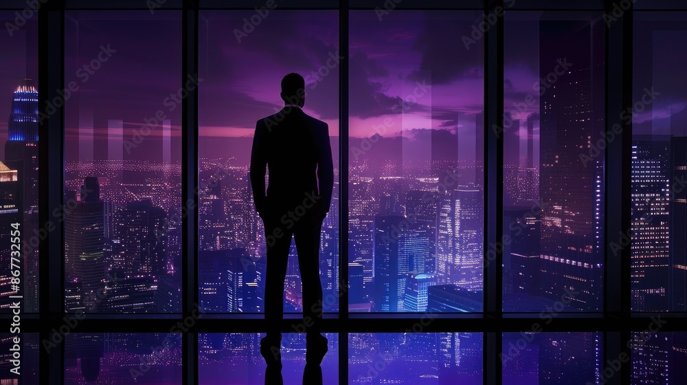 Fototapeta premium Cityscape Solitude: Businessman's Silhouette in Urban Night Setting