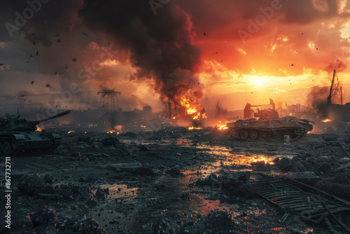 War. Scene of devastation on the battlefield, Soldiers in camouflage make their way through rubble and debris, The composition conveys the raw and grim reality of war. © MK studio