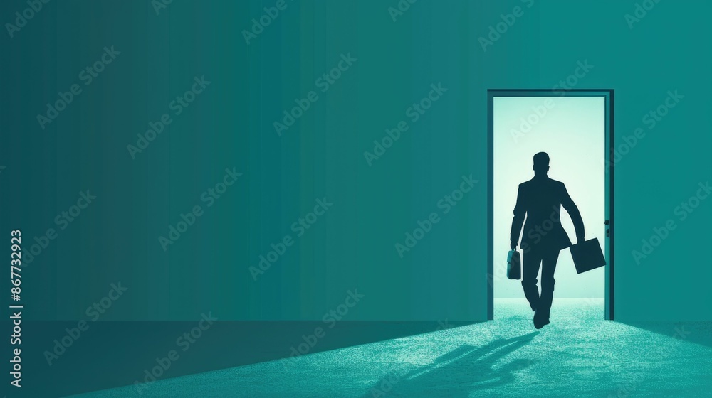 Silhouette of a businessman walking through a door, symbolizing opportunity and new beginnings Silhouette of a businessman walking through a door, symbolizing opportunity and new beginnings