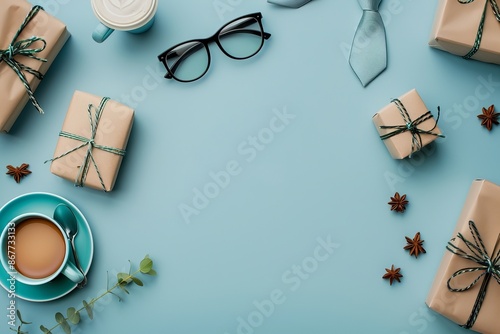 An artistic flat lay of gift-wrapped boxes, a cup of coffee, eyeglasses, a tie, and star anise on a blue backdrop.