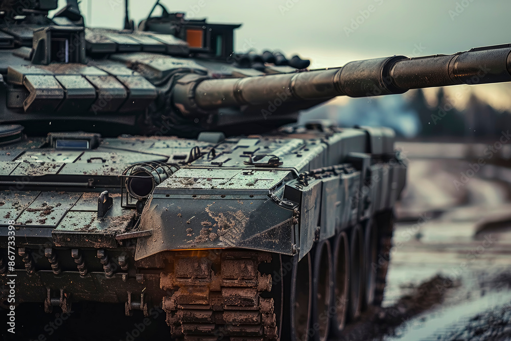 military equipment, a formidable tank standing in a combat-ready position. Its turret rotates to demonstrate firepower and mobility. military equipment, a formidable tank standing in a combat-ready position. Its turret rotates to demonstrate firepower and mobility.