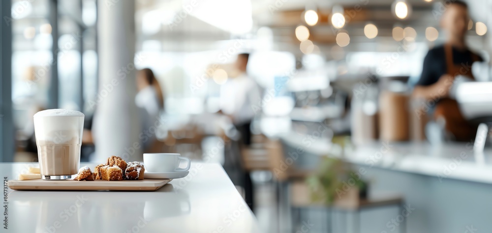 A dynamic shot of a cafe interior with modern decor, customers enjoying their drinks, and a barista at work, illustrating a bustling cafe environment A dynamic shot of a cafe interior with modern decor, customers enjoying their drinks, and a barista at work, illustrating a bustling cafe environment