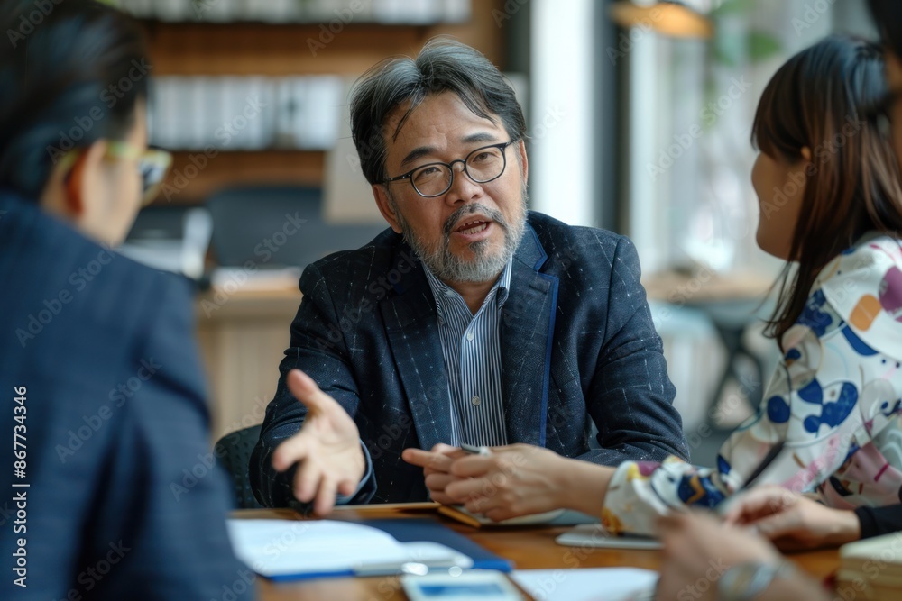 Fototapeta premium Japanese business consultant advising clients on strategy, professional and analytical, office setting