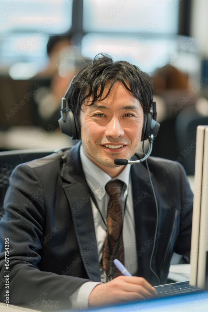 Portrait of a Japanese technical support agent assisting customers, modern call center, focused and helpful Portrait of a Japanese technical support agent assisting customers, modern call center, focused and helpful