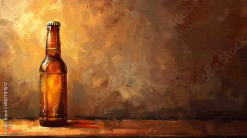 Elegant beer bottle with a metallic finish and soft lighting, Luxurious, Warm tones, High detail, Digital painting