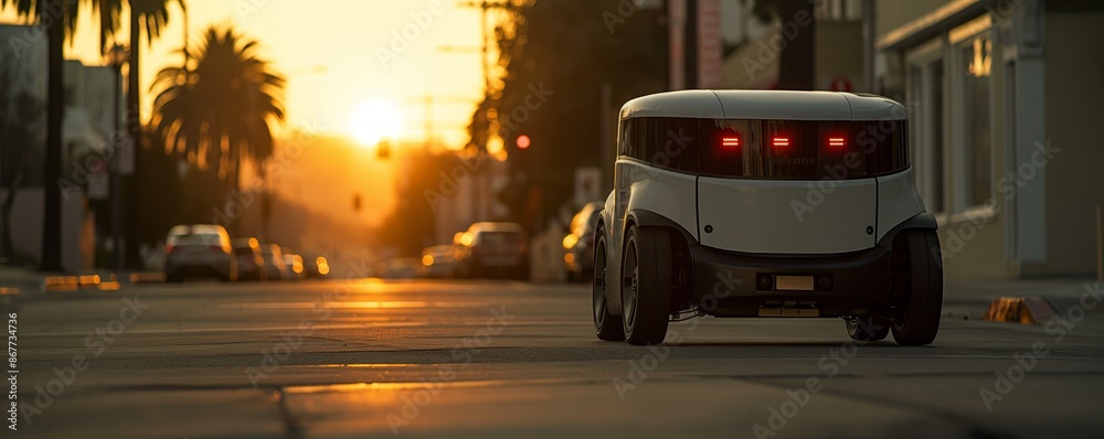 An autonomous delivery robot is pictured at sunset, cruising down a suburban street lined with parked cars