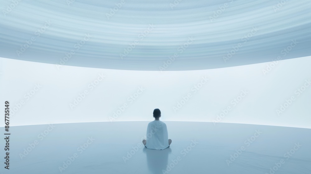 A serene, minimalist room where an individual is meditating with a neural interface device, visualizing their emotions and thoughts projected as vivid, dynamic holograms in the air A serene, minimalist room where an individual is meditating with a neural interface device, visualizing their emotions and thoughts projected as vivid, dynamic holograms in the air