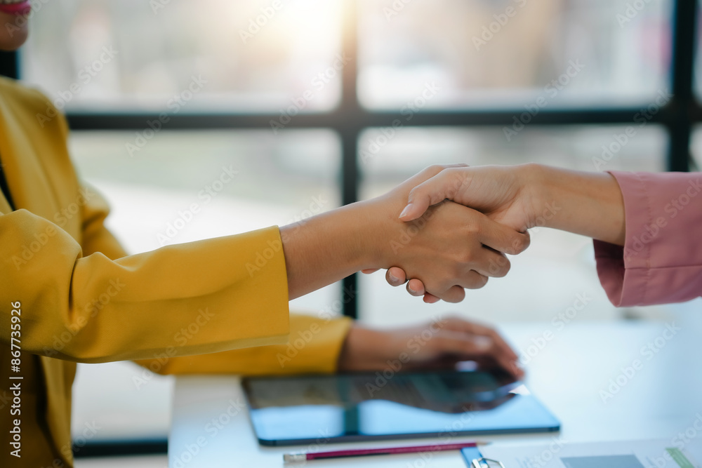 Two businesswomen shaking hands over desk after successful meeting Two businesswomen shaking hands over desk after successful meeting