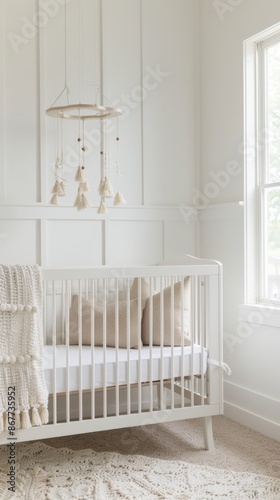 Minimalist baby nursery with white crib and boho decor, cozy and serene atmosphere