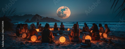 A group of friends participating in a traditional drum circle on a moonlit beach, feeling the rhythm connect them to the earth.