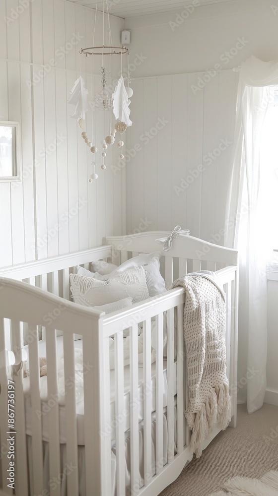 Cozy white baby nursery with crib and hanging mobile Cozy white baby nursery with crib and hanging mobile