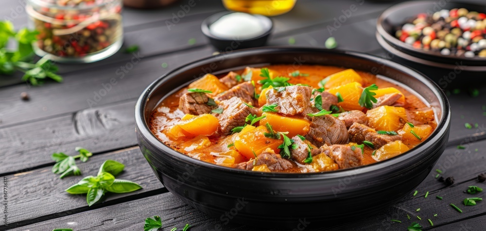 Delicious homemade beef stew with potatoes, herbs, and spices. Perfect comfort food for a cozy dinner. Fresh ingredients in a rustic bowl.