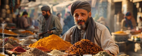 A street vendor selling aromatic spices and exotic teas in a bustling market, enticing customers with fragrant aromas. photo