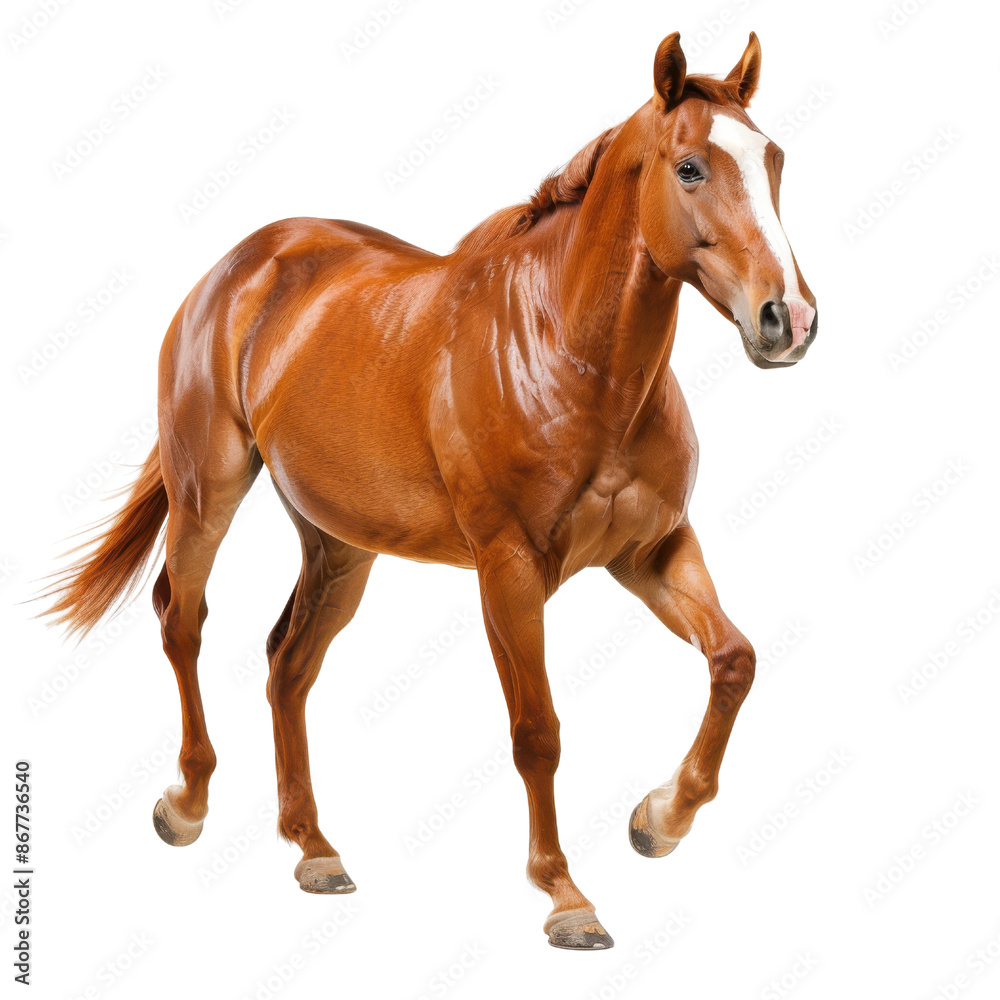 Obraz premium A chestnut horse with a white blaze on its face walks forward isolated on White background.