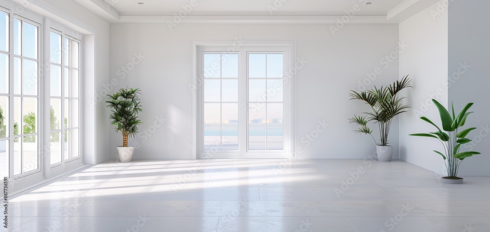 Bright and spacious empty room with large windows, white walls, and indoor plants. Ideal for modern interior design concepts and home decor. Bright and spacious empty room with large windows, white walls, and indoor plants. Ideal for modern interior design concepts and home decor.