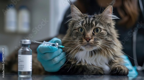 A veterinarian prepares to administer a shot to a fluffy tabby cat.  The cat looks intently at the syringe.