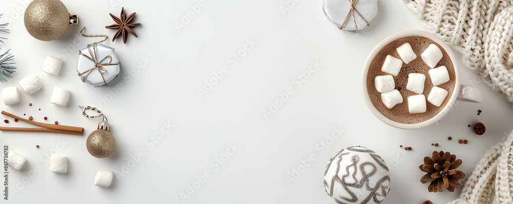 Cozy cafe with a whimsical hot chocolate, marshmallows, cinnamon stick, and festive holiday decorations. Cozy cafe with a whimsical hot chocolate, marshmallows, cinnamon stick, and festive holiday decorations.